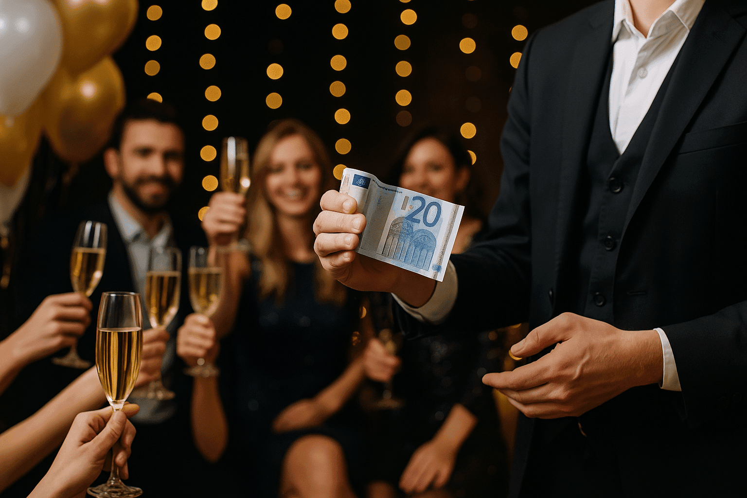 Goochelaar nieuwjaarsborrel met champagneglazen en eurobiljet
