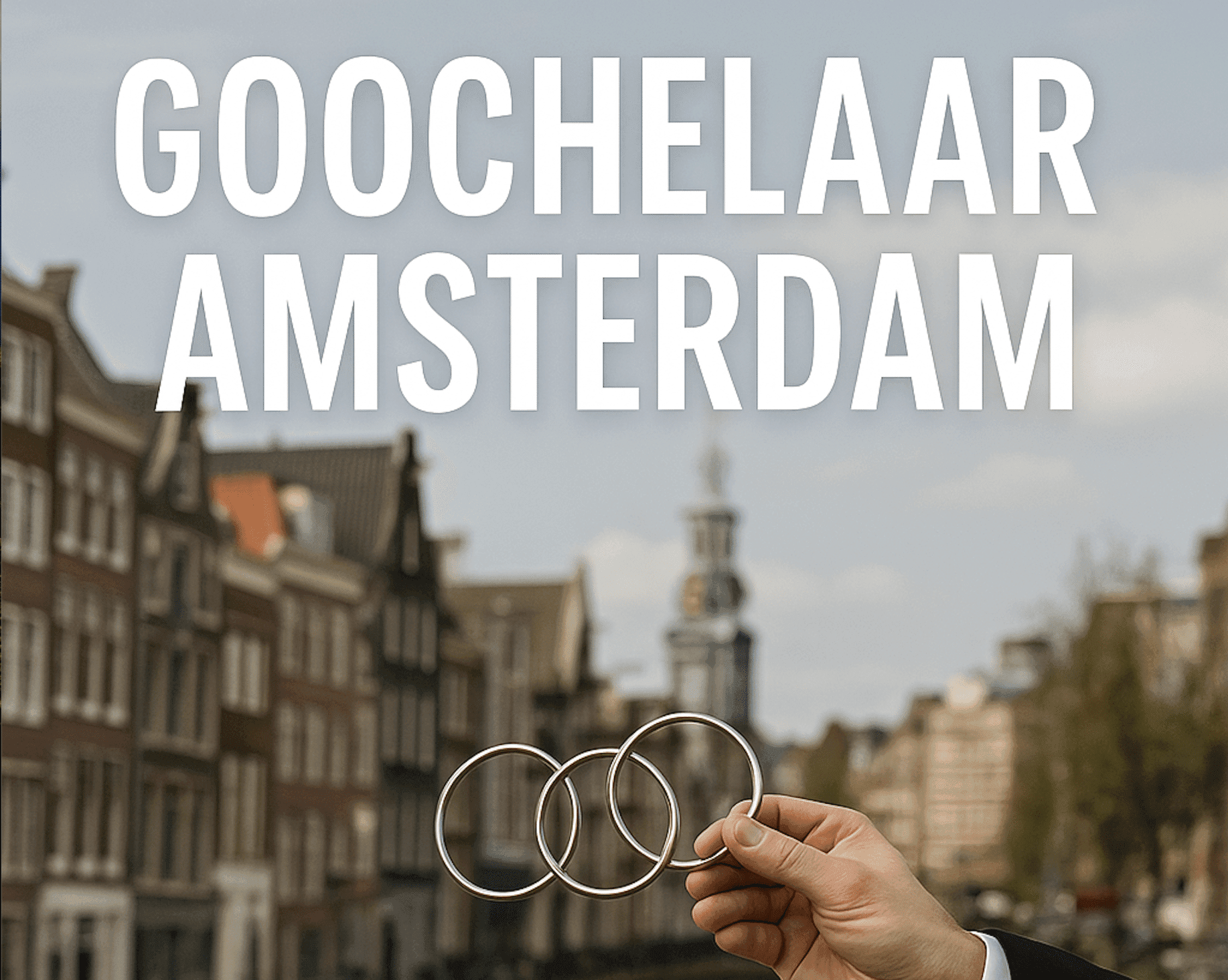 Goochelaar Amsterdam, Hand met goochelattributen voor het silhouet van Amsterdam