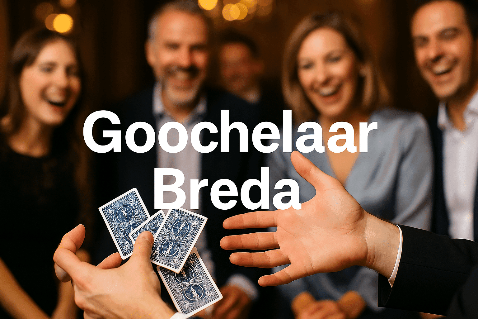 Tafelgoochelaar Breda voert kaarttruc uit voor publiek.