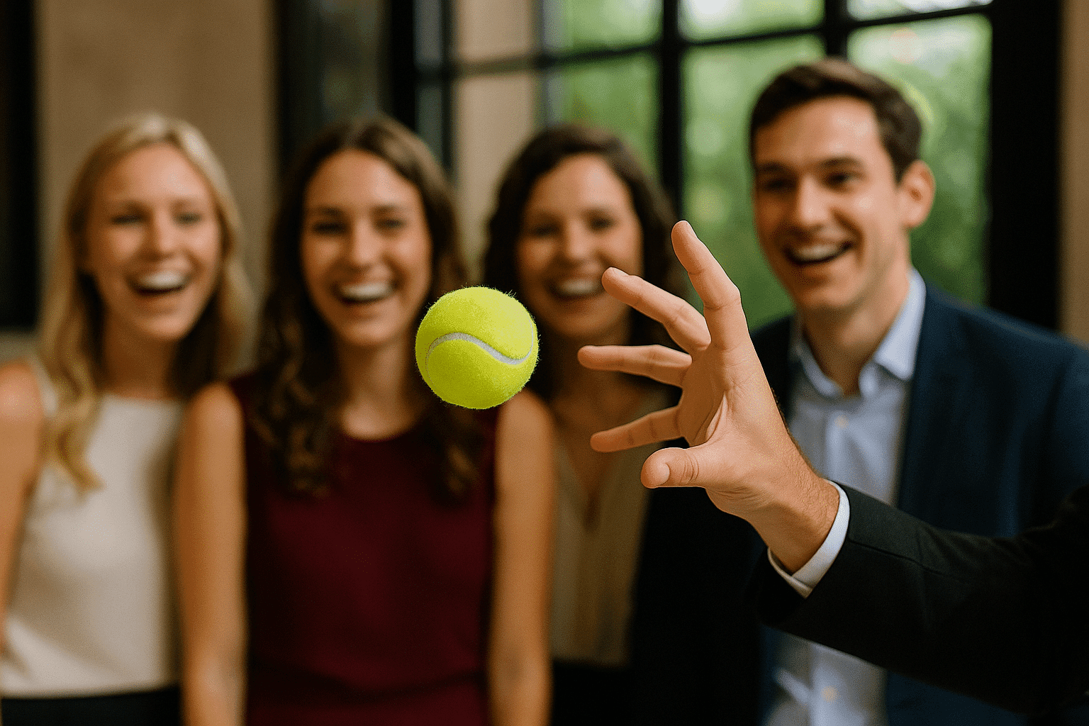 goochelaar zweeft tennisbal tussen gasten tijdens live optreden