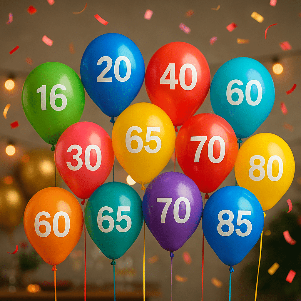 Ballonnen met leeftijden 16, 18, 20, 30, 40, 50, 60, 65, 70, 80 en 85 jaar voor magische verjaardagsfeesten